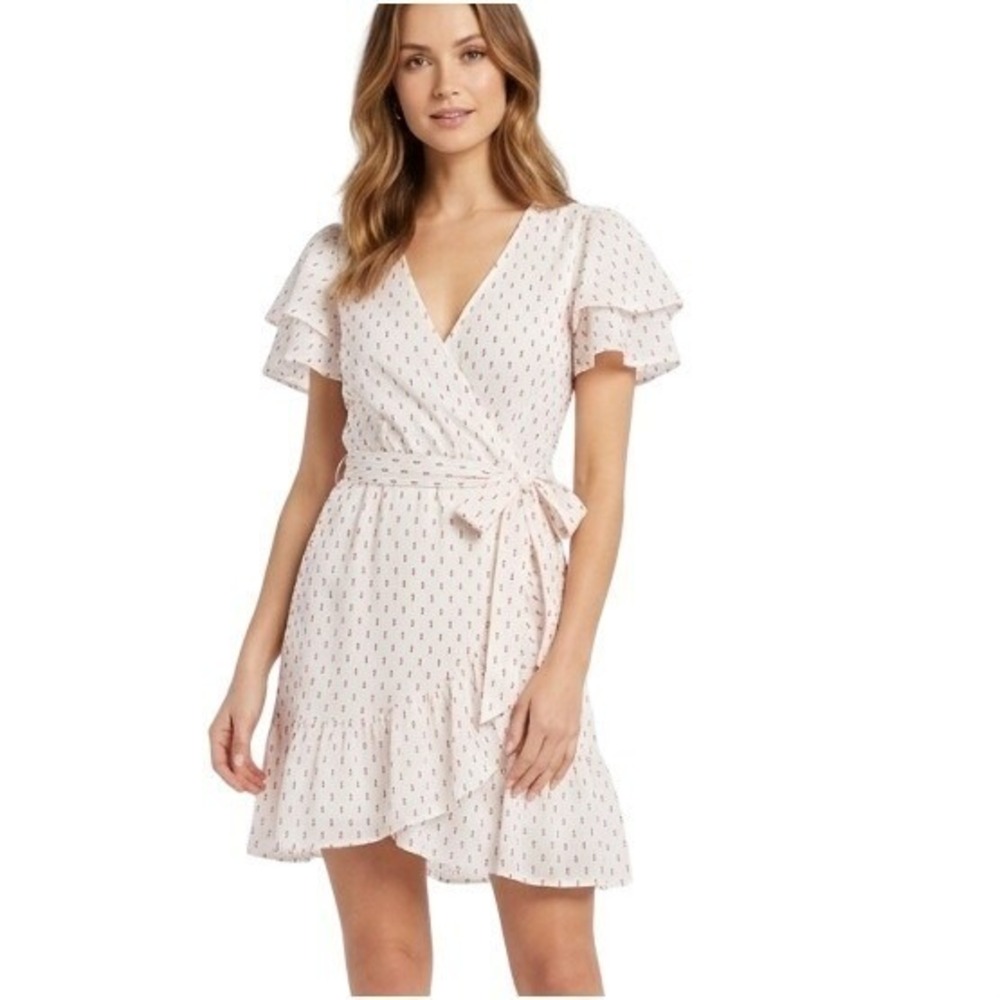 Lauren Conrad Dress Womens M White Embroidered Wrap Flutter Sleeve Ruffle Mini